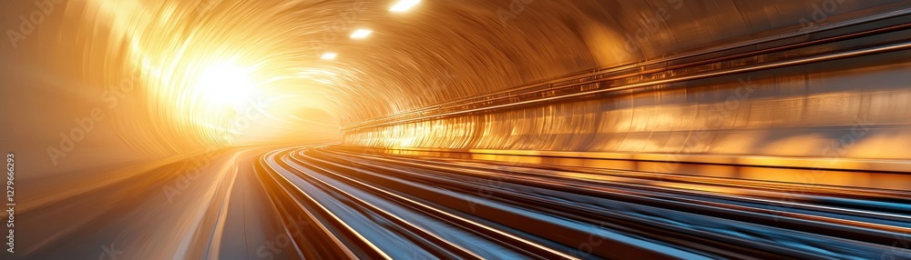 Poster dynamic motion of light in a tunnel with soft glow and curved track landscape on a bright day