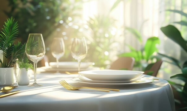 Elegant table setup with white porcelain plates, golden cutlery, and fresh greenery illuminated by soft natural light creating a sophisticated dining experience