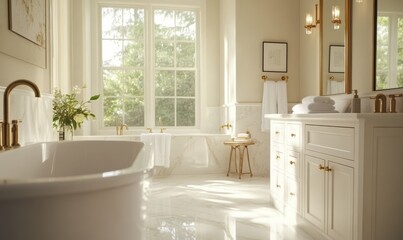 Elegant white marble bathroom with gold fixtures, sleek cabinetry, and soft natural light creating a luxurious spa-like ambiance