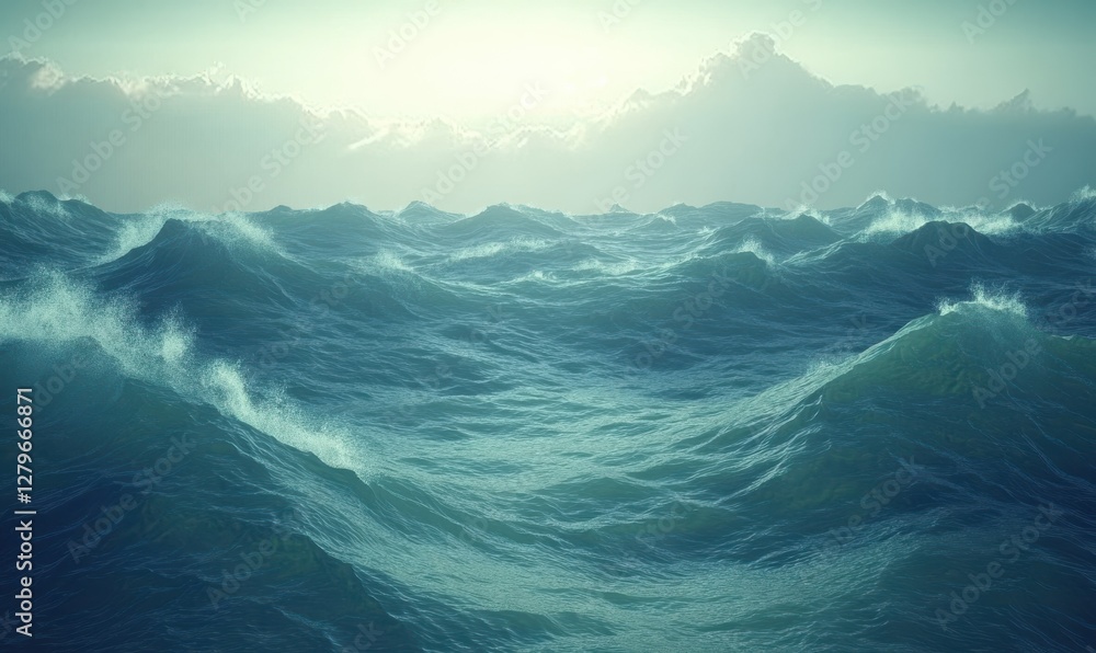 Poster expansive ocean waves in deep teal and white tones illuminated by soft natural light, creating a ser