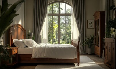 Elegant bedroom with a large wooden bedframe, soft white linens, and muted gray curtains framing a garden view.