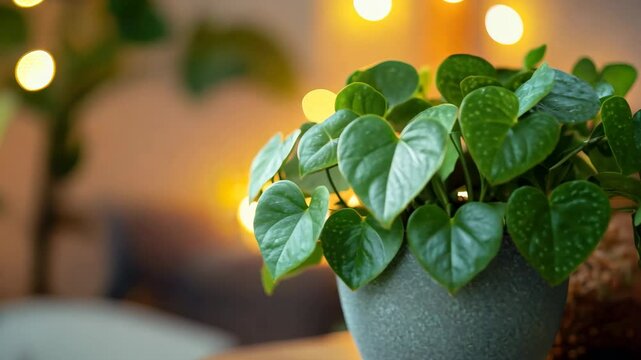 Cozy indoor setting with heartleaf philodendron and warm ambient lighting