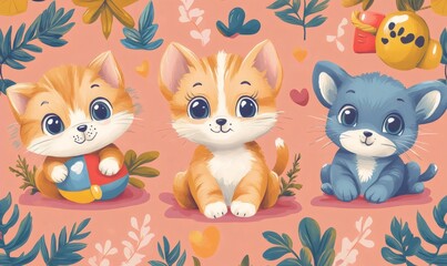 Fototapeta premium Seamless pattern with cute kittens playing with a colorful ball and surrounded by leaves on a pink background