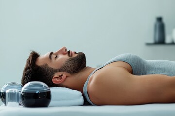 Naklejka premium Cupping therapy for wellness and rehabilitation Athletic man receiving treatment in a med