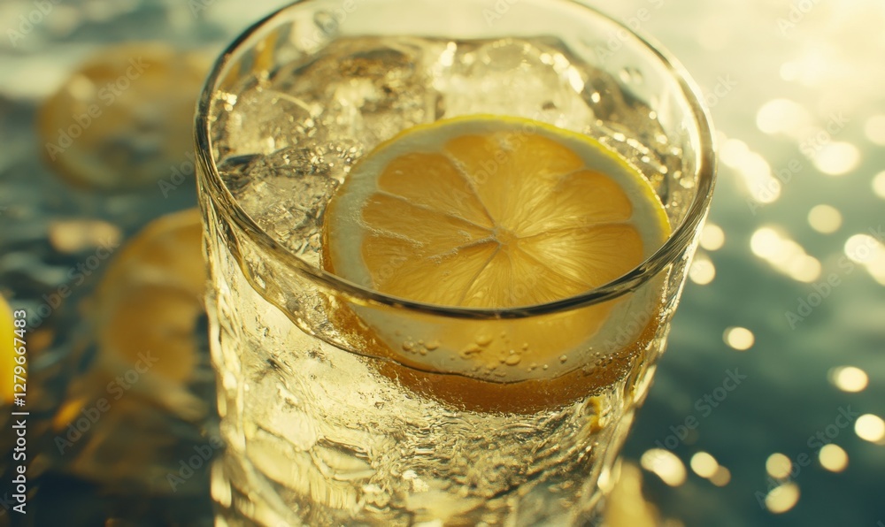 Poster close-up of a glass of sparkling water with lemon slices, soft light creating refreshing reflections