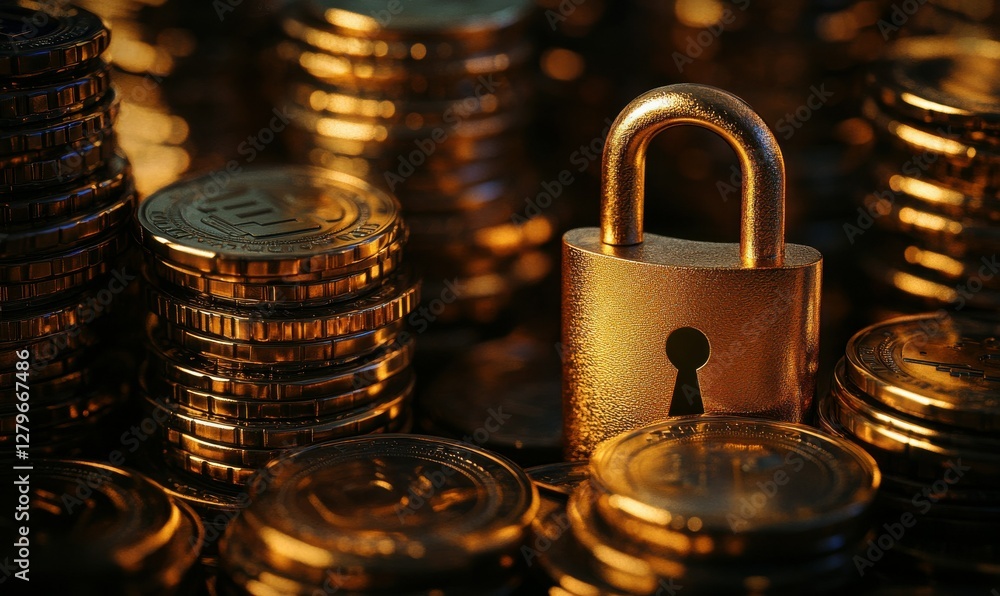 Poster close-up of a golden lock surrounded by stacked coins, soft ambient light creating a secure investme