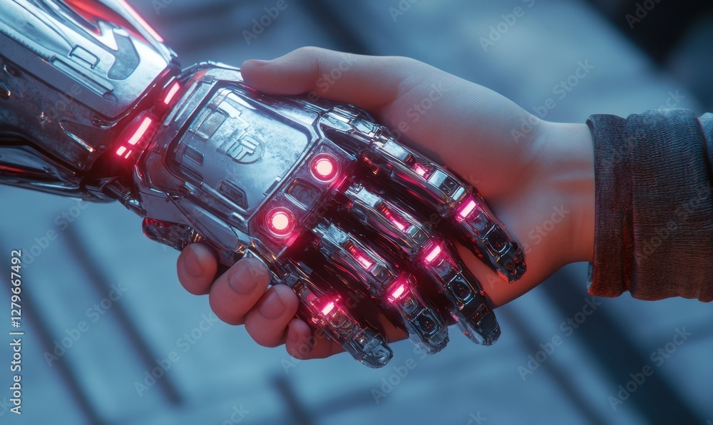 Poster close-up of a futuristic robotic hand shaking hands with a human hand, soft glowing light creating a