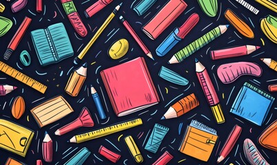 Seamless pattern of various colorful school stationery items creating a vibrant back to school themed backdrop