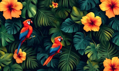 Vibrant macaw parrots are surrounded by lush tropical foliage and hibiscus flowers, creating a colorful and exotic jungle scene