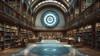 Obraz premium Stunning Futuristic Library with Elegant Mahogany Bookshelves and Glowing Digital Displays