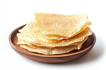 Delicate pancakes on a wooden dish Fresh crepes delicious meal Essential yeast pancakes