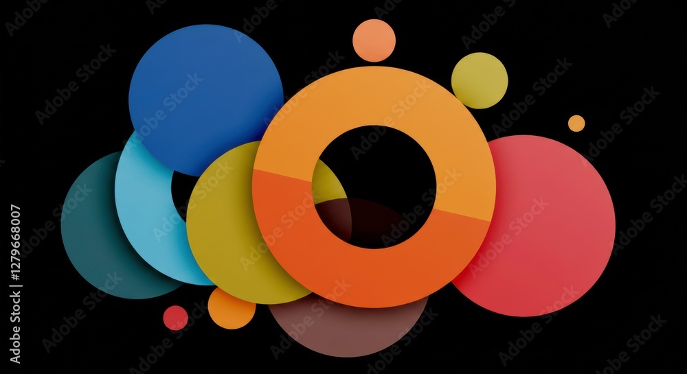 Poster geometric harmony: a vibrant collection of colorful circles and rings float against a dark backgroun