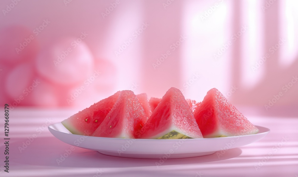 Poster fresh watermelon slices neatly arranged on a white ceramic plate placed on a pastel background illum