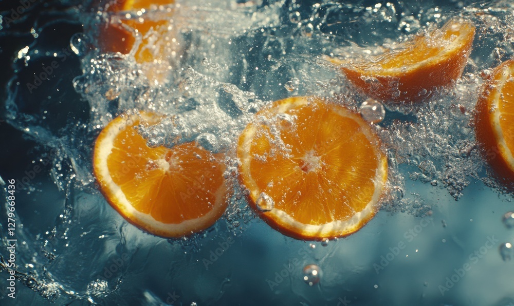 Poster fresh orange slices submerged in sparkling water, vibrant colors and refreshing bubbles creating a l
