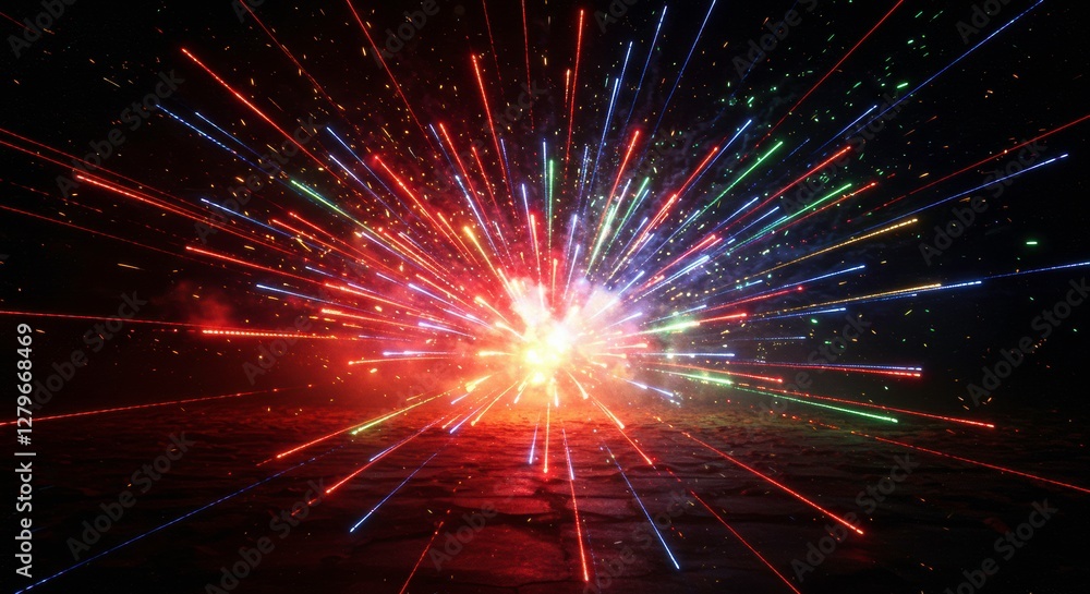 Aufkleber explosive burst of light: a captivating display of vibrant, colorful light streaks erupts from a cen