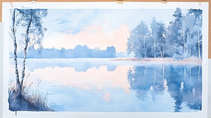 Calm Lakeside Sunrise Watercolor Painting