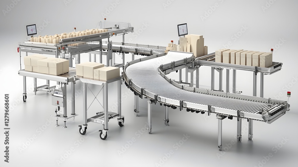 Poster A and detailed image of an automated industrial production line equipped with pneumatic conveyor belts that smoothly transport various items and packages through the workflow