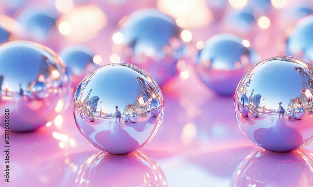 Poster minimalist composition of shiny metallic spheres resting on a pastel pink surface, bright reflection