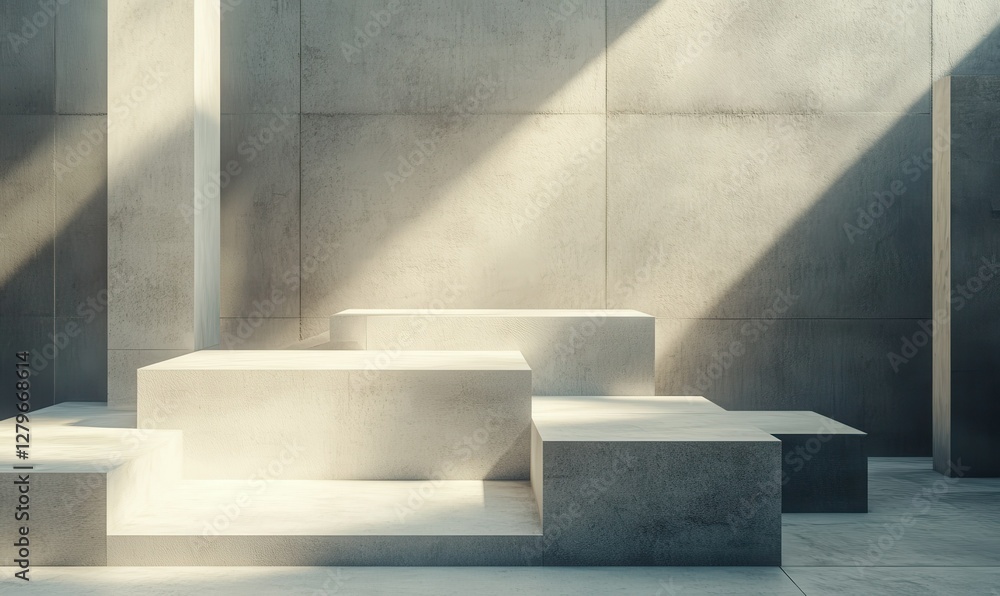Poster minimalist concrete blocks arranged under a soft shadow, modern geometric shapes creating a clean an