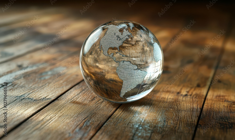 Poster glass globe resting on a wooden surface, illuminated by soft light, symbolizing global unity and env