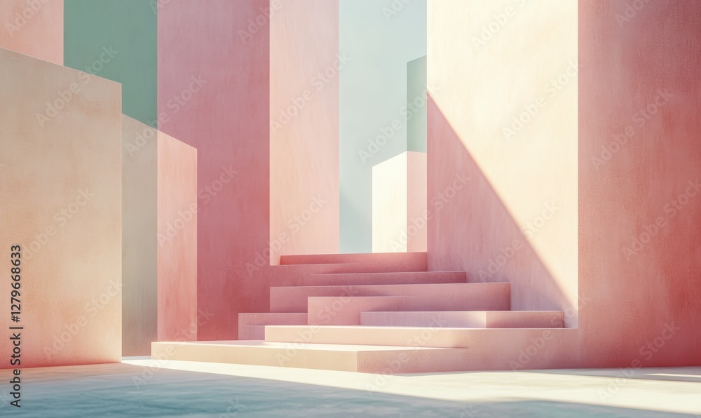 Poster minimalist cube-like structures in soft pastel tones, illuminated by natural light casting clean sha