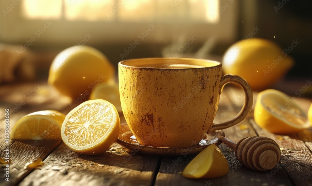 Poster freshly brewed tea in a rustic ceramic mug surrounded by lemon slices and honey placed on a wooden t