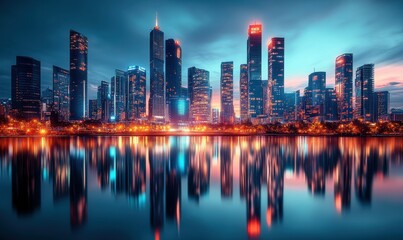 Fototapeta premium Futuristic cityscape with sleek skyscrapers glowing under the twilight sky, vibrant lights reflecting on the calm river
