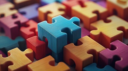 Colorful Wooden Puzzle Pieces Abstract Background Texture Design 3D Render Illustration Bright Multicolored Jigsaw Game Blocks Pattern Closeup View   