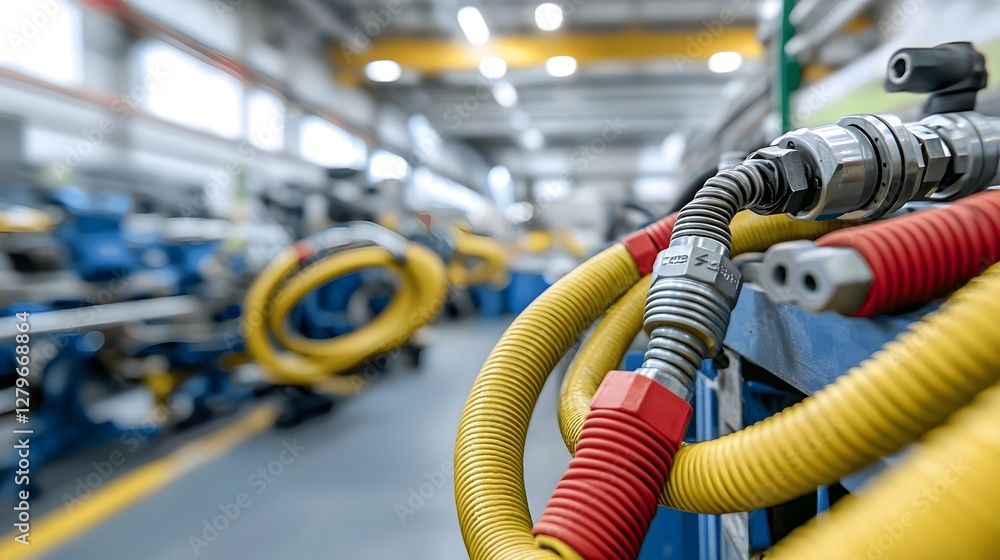 Poster a detailed close up view showcasing the flexible and durable pneumatic hoses and fittings in the int
