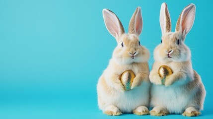 Obraz premium Comical and playful Easter bunnies couple on vibrant blue background for Easter holiday celebration design