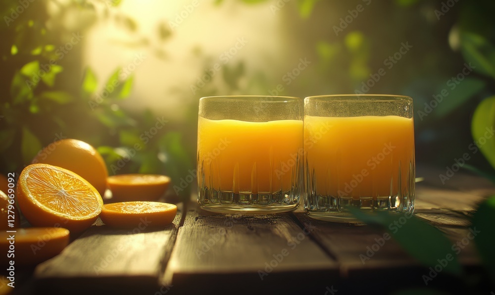 Poster freshly prepared orange juice in clear glasses placed on a rustic wooden table surrounded by fresh o