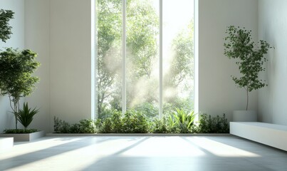 Fototapeta premium Minimalistic view of a modern room with large windows, light streaming through and soft greenery surrounding.