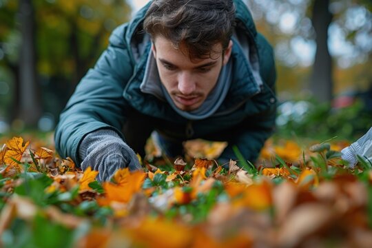 Young man cleaning fallen autumn leaves in park.
