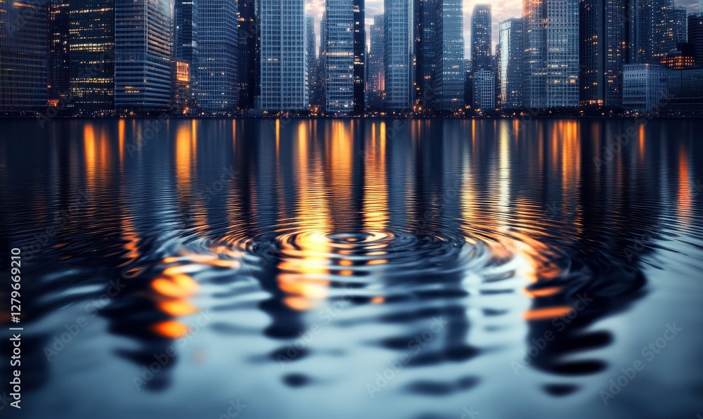 Poster modern cityscape reflected in a pool of water, with dynamic ripples adding motion to the serene view