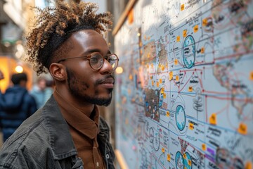 Young man looking at a large graphic display board with various diagrams and charts.