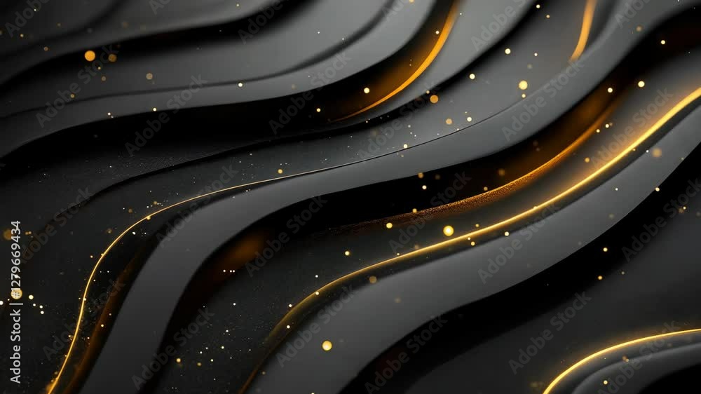 Poster abstract black and gold wavy surface with floating particles