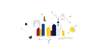 Abstract infographic illustration with business elements,  with graphs, pie charts, geometric shapes on white background. Vector art