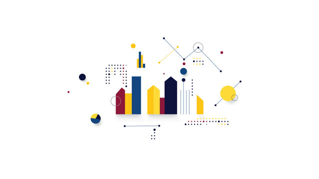 Abstract infographic illustration with business elements,  with graphs, pie charts, geometric shapes on white background. Vector art