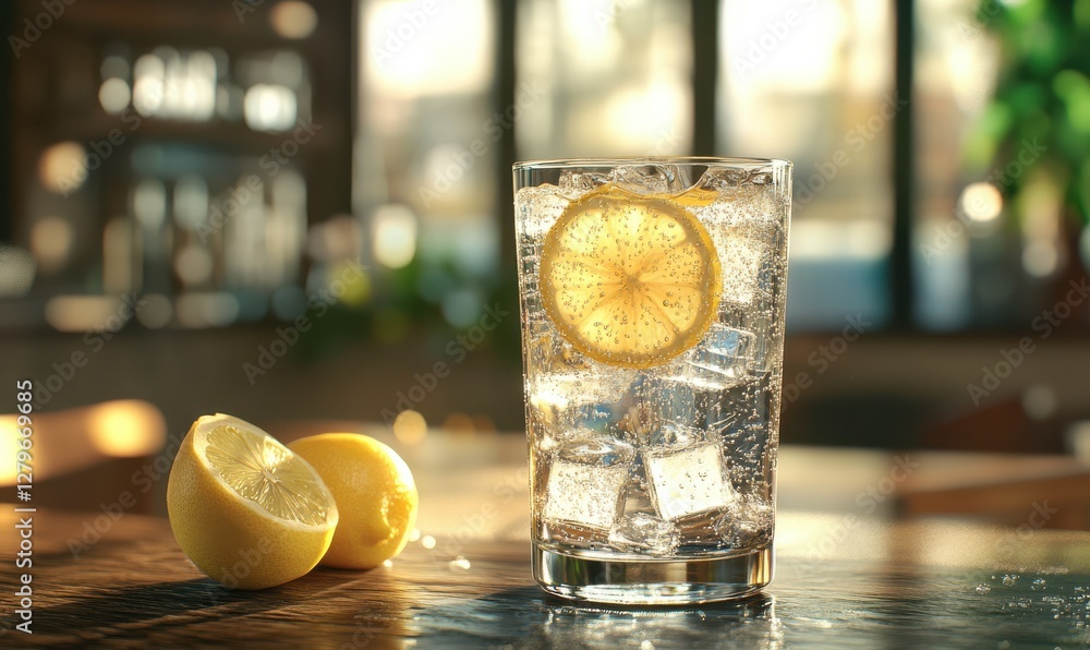 Poster glass of sparkling water with ice cubes and lemon slices, placed on a wooden table with natural ligh