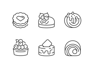 Cake icons. Set of 6 cake trendy minimal icons. Examples include cupcake, slice, piping bag, macarons and tiered cake icon. Design signs for web, mobile app, packaging design. Vector illustration