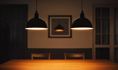 Minimalist hanging pendant lamp casting soft light over a wooden dining table, symbolizing clean and elegant interior design.