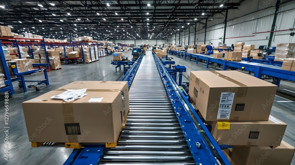 Poster automated pneumatic conveyor system efficiently moving and transporting packages throughout a wareho