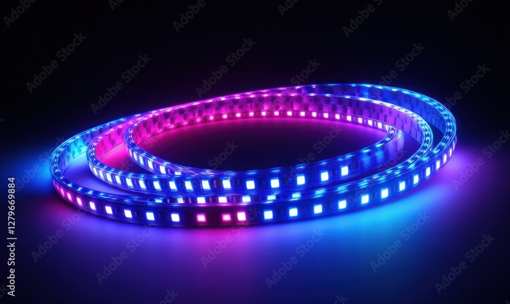 Poster glowing blue and purple digital lights creating a dynamic abstract pattern, symbolizing the future o