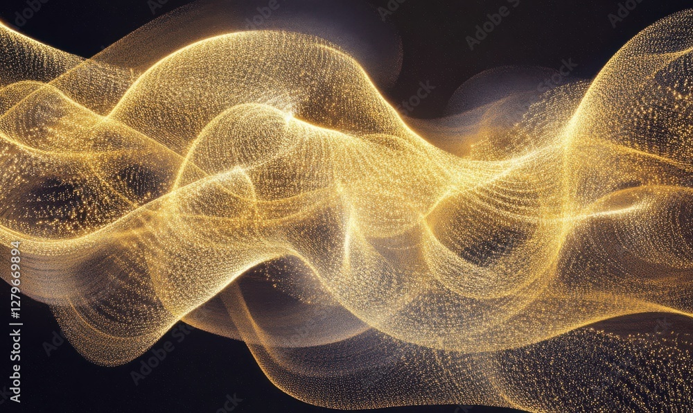 Poster glittering golden particles swirling dynamically against a deep background, glowing softly to create