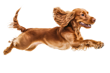 Dog runs joyfully in the meadow during day