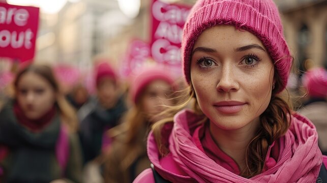 Young woman at a protest, focused gaze, pink attire, supportive demonstration.