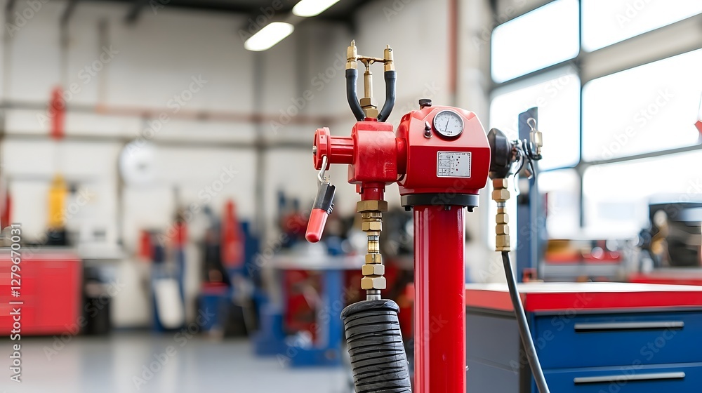 Aufkleber close up view of a red tire inflator using compressed air to inflate tires in an automotive workshop