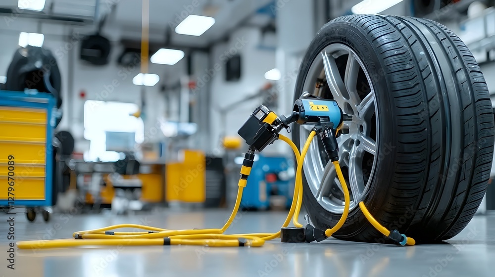 Poster Close up view of a tire inflator tool using compressed air to inflate a tire in an automotive garage or workshop setting  The inflator is connected to an air hose and nozzle