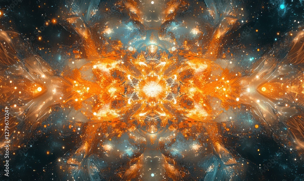 Poster glowing futuristic digital shapes forming a dynamic abstract pattern, symbolizing modern art and cre