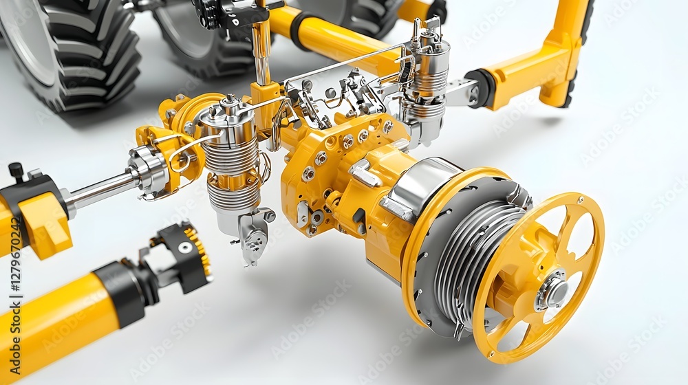 Poster Closeup view of a complex hydrostatic transmission system in agricultural machinery showcasing the intricate power flow and mechanical engineering design